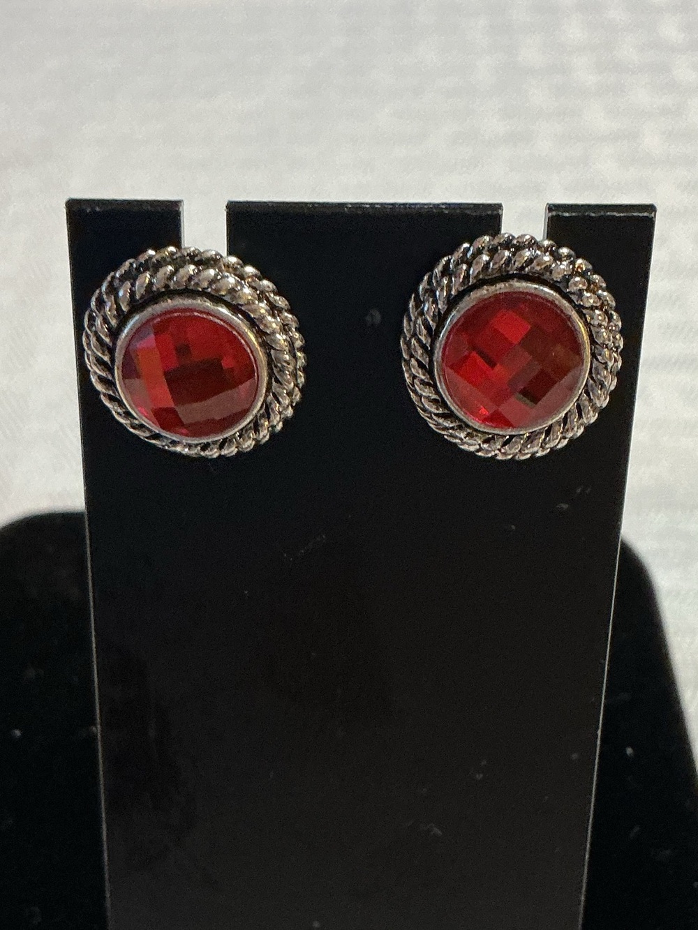Ruby Red Twisted Cable Rope Silver Tone Rhinestone Stud Earrings